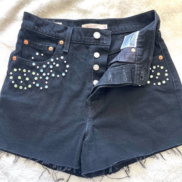 LEVI'S Ribcage Studded Rhinestone High Rise Jean Cut Off Shorts Black Size 26 - Picture 5 of 11